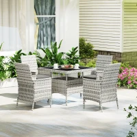 Outsunny Rattan Garden Furniture Set, Outdoor Dining Table and Chairs 4 Seater with Cushions, Square Tempered Glass Top, 4 Armchairs, for Balcony, Terrace, Conservatory, Mixed-Grey(m-8)