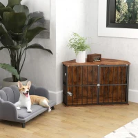 PawHut Corner Dog Crate Furniture with Two Bowls, Lockable Doors, for Small, Medium Dogs, Rustic Brown(m-2)