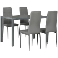 HOMCOM 5-Piece Kitchen Dining Table Set with 4 Faux Leather Metal Frame Chairs Glass Tabletop Desk for Dining Room, Kitchen, Dinette, Grey(m-1)