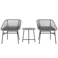 Outsunny 3 Pieces Rattan Bistro Set, Wicker Small Garden Table and Chairs Set with Cushions and Glass Top Coffee Table, Bistro Garden Furniture Set for Outdoor, Patio, Balcony, Light Grey(m-1)