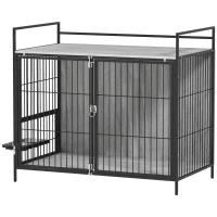 PawHut Large Dog Crate Furniture with Rotating Bowl Holder, 2 Bowls, 2 Doors, for Large Dogs, 100 x 60 x 88 cm, Grey(m-11)