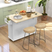HOMCOM Kitchen Island with Drop Leaf, Rolling Kitchen Storage Trolley on Wheels with 3 Drawers, Spice Rack and Towel Rack, Storage Cart with Rubber Wood Top, White(m-2)