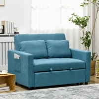 HOMCOM Loveseat Sofa Bed, Convertible Bed Settee with 2 Pillows, Side Pockets, Blue(m-2)