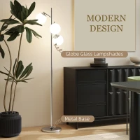 HOMCOM 3-Light Tree Floor Lamps for Living Room, Modern Standing Lamp for Bedroom with Globe Lampshade, 3000K/4000K/6000K Colour Temperatures, Steel Base, Silver Tone(m-7)