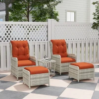 Outsunny 5 Pieces Rattan Bistro Set with Adjustable Back, Reclining Wicker Balcony Furniture with Cushions, Glass Top Coffee Table and Footstools, Outdoor Table and Chairs, Orange(m-2)