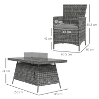 Outsunny 7 Pieces Outdoor Rattan Garden Furniture with Fire Pit Table, 6 Seater Garden Table and Chairs with Cushions, Rattan Dining Set with Propane Heater Table, Windscreen, 50,000 BTU, Grey(m-3)