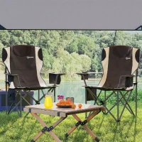 Outsunny Set of 2 Folding Camping Chairs, Padded Camping Chairs with Adjustable Armrests, Portable & Lightweight Folding Camp Chair with Cooler Bag, Cup Holder and Side Pockets, Black(m-9)