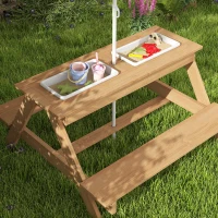 AIYAPLAY Kids Picnic Table, Sand and Water Table with Wooden Benches, Adjustable Parasol and Storage Bins, Multicolour(m-8)