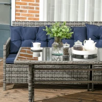 Outsunny 7-Seater Patio wicker Sofa Set Rattan Chair Furniture w/ Glass & Cushioned, Dark Blue(m-9)
