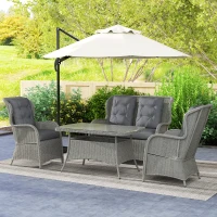 Outsunny Garden PE Rattan Dining Sofa Set, Outdoor 4 Seater Wicker Furniture, High Back Chairs with Cushions, Tempered Glass Coffee Table for Patio, Light Grey(m-2)