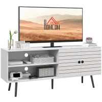 HOMCOM TV Stand with Cupboard, Open Shelves, Striped Doors, Wooden legs, White(m-10)