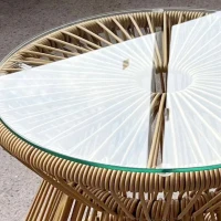 Outsunny Round End Table, Rattan Side Table, Hollow Drum Design Coffee Table w/ Glass Tabletop for Patio, Garden, Balcony Natural(m-9)
