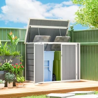 Outsunny 4.7 x 2.5FT Garden Shed, Double Bin Storage Shed with Lockable Doors, Outdoor Small Shed with Openable Lid for 2 Trash Cans, Garden Tools, Grey(m-2)