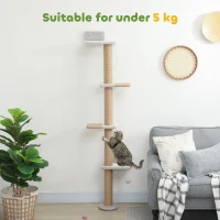 PawHut Wall Mounted Cat Shelves, Cat Climbing Wall with 4 Climbing Platforms, Jute Scratching Post and Toy Ball,180cm Tall, Light Grey(m-7)