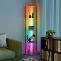 HOMCOM RGB LED Floor Lamp with Shelves, 5-Tier Dimmable Standing Lamp with Adjustable Brightness and Remote Control, Modern Corner Display Shelf Unit for Living Room Bedroom Office, Rustic Brown(m-9)