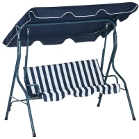 Outsunny 3 Seater Garden Swing Seat Chair Outdoor Bench with Adjustable Canopy and Metal Frame, Blue Stripes(m-1)