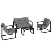 Outsunny Garden Furniture Set, 4 Piece Indoor Outdoor Conservatory with Loveseat Sofa, Armchairs, Glass Top Coffee Table, Cushions for Balcony, Poolside, Patio, Dark Grey(m-1)