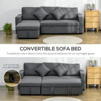 HOMCOM Corner Sofa Bed with Storage, 3 Seater Pull Out Sofa Bed, Convertible L Shape Sofa Couch with Reversible Chaise Lounge for Living Room, Dark Grey(m-4)