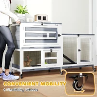 PawHut Wooden Rabbit Hutch w/ Run, 2-Tier Guinea Pig Hutch with Run, Wheels, 3 Plastic Trays, 2 Openable Tops, for 2-3 Rabbits(m-6)