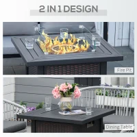 Outsunny Square Propane Gas Fire Pit Table, 50000 BTU Rattan Smokeless Firepit Patio Heater with Glass Screen, Glass Beads and Lid, 81cm x 81cm x 64cm, Black(m-4)