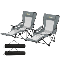 Outsunny Lot de 2 Chaises de Camping Pliante Inclinable 4 Positions, Repose-Pieds Amovible, Porte-Gobelet, 125x80x90cm, Gris