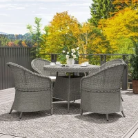 Outsunny 4 Seater Rattan Garden Furniture Set with Cushions, Round PE Rattan Dining Set with Glass-Top Table, Umbrella Hole, Outdoor Garden Table and Chairs, Grey(m-8)