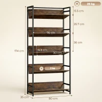 HOMCOM Bookshelf 5-Tier Metal Frame Bookcase Storage Shelves for Living Room Rustic Brown(m-3)