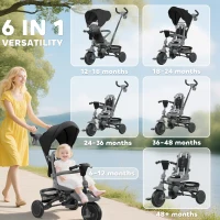 AIYAPLAY 6 in 1 Foldable Kids Trike with Adjustable Parent Handle & Canopy for Ages 1-5, Black(m-4)