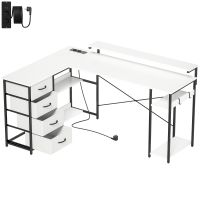 HOMCOM Reversibler L-Schreibtisch mit 4 Stoffschubladen 2 Steckdosen und 2 USB-Ports Monitorhalter 155x112 cm Weiß