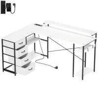HOMCOM Reversibler L-Schreibtisch mit 4 Stoffschubladen 2 Steckdosen und 2 USB-Ports Monitorhalter 155x112 cm Weiß(m-1)