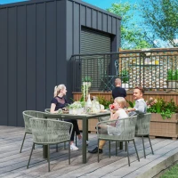 Outsunny Rattan Dining Set, 6 Seater Rattan Garden Furniture Set with Acacia Wood Top Rectangle Table, 6 Chairs, Washable Seat Cushions, for Outdoor, Patio, Conservatory, Grey(m-2)