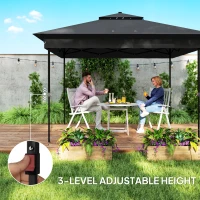 Outsunny 3.36 x 3.36m Pop Up Gazebo Party Tent with Solar-Powered LED Lights, Adjustable Event Shelter with Netting, Black(m-7)