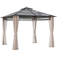 Outsunny 3 x 3 (m) Outdoor Polycarbonate Gazebo, Double Roof Hard Top Gazebo with Galvanised Steel Frame, Nettings & Curtains for Garden, Lawn, Patio and Deck, Khaki(m-10)