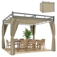 Outsunny 3 x 3 m Pergola with Retractable Roof Canopy and Curtains, UPF30+ Metal Frame Garden Pergola Gazebo Sun Shade, Khaki(m-10)