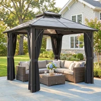 Outsunny 2.5 x 2.5 m Hardtop Gazebo Canopy with 7mm PC Roof, Garden Gazebo Permanent Pavilion with Netting, Curtains, Dark Grey(m-2)