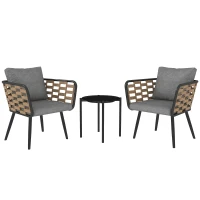 Outsunny 3 Pieces Rattan Bistro Set with Washable Seat and Back Cushions, Glass Top Coffee Table, for Outdoor, Patio, Black(m-1)