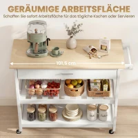 HOMCOM Küchenwagen mit Stauraum, Rollende Kücheninsel mit großer Arbeitsplatte, Schublade, 2 offenen Regalen, Handtuchhalter, Weiß(m-4)