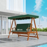 Outsunny 3 Seater 2-in-1 Wooden Garden Swing Seat Swing Chair Outdoor Convertible Hammock Bench Furniture Lounger Bed Wood, Dark Green(m-3)