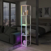 HOMCOM RGB LED Floor Lamp with Shelves, Modern Dimmable Standing Lamp with Remote Control, Adjustable Brightness & Speed for Living Room, Bedroom, Office, White(m-9)