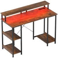 HOMCOM LED Computer Desk, with Power Outlets and Shelves - Rustic Brown(m-1)