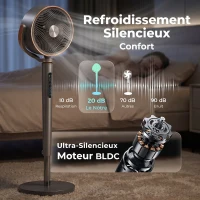 HOMCOM Ventilateur sur pied silencieux 20 dB, oscillation automatique 70°+90°, 12 vitesses, lumière LED et minuterie 12H(m-5)