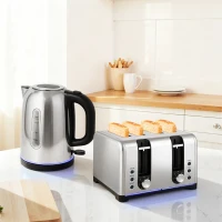 HOMCOM Kettle and Toaster Set, 1.7L 3000W Rapid Boil Jug Kettle with Otter Thermostat, Limescale Filter, 4 Slice Toaster with 7 Browning Controls, Crumb Tray, LED Strip, Silver Tone(m-2)