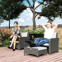 Outsunny Five Piece Rattan Garden Furniture Set with 2-Tier Coffee Table and Ottomans  - Cream White(m-2)