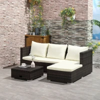 Outsunny 3 Pieces Rattan Garden Furniture Sofa Set, 4 Seater Garden Corner Sofa with 5-Level Reclining Sun Lounger and Storage Coffee Table, Outdoor Furniture Conservatory Set with Cushions, Brown(m-2)