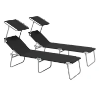 Outsunny Foldable Sun Lounger Set of 2 with Sun Shade & Adjustable Backrest - Black(m-11)