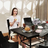 Outsunny 6 Seater Rattan Dining Set with Cushions, Garden Furniture Set with Armchairs, Rectangle Slatted Table Top, Steel Frame, Parasol Hole, Wicker Outdoor Furniture for Patio, Balcony, Cream White(m-9)