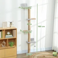 PawHut Wall Mounted Cat Shelves, Cat Climbing Wall with 4 Climbing Platforms, Jute Scratching Post and Toy Ball,180cm Tall, Light Grey(m-3)