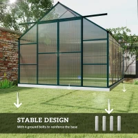 Outsunny 8 x 12ft Aluminium Greenhouse Polycarbonate Walk in Garden Greenhouse Kit with Adjustable Roof Vent, Double Sliding Door, Rain Gutter and Foundation, Clear(m-6)