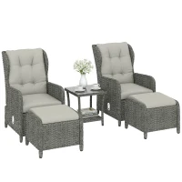 Outsunny 5 Piece Garden Furniture Set, Rattan Reclining Garden Chair Set of 2 with Footstool and Cushion for Balcony, Cream(m-10)