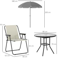 Outsunny 4 Seater Garden Furniture Set, 6 Pieces Garden Table and Chairs with Parasol, Outdoor Garden Dining Set with Folding Chairs and Round Glass Top Table for Patio, Cream White(m-3)